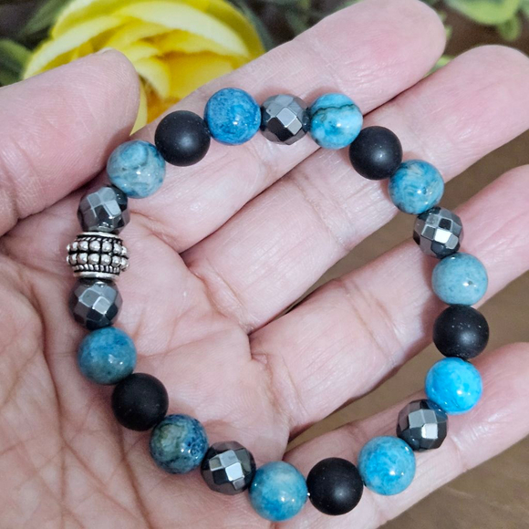 Natural Blue Apatite/Hematite Stretch Bracelet - Picture 1 of 5